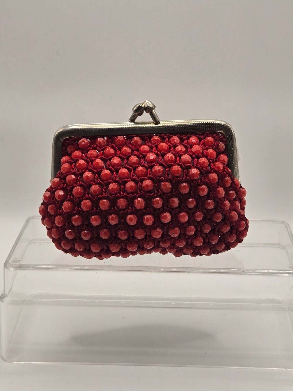 Vintage Hand Made in Hong Kong Beaded Coin Purse Red